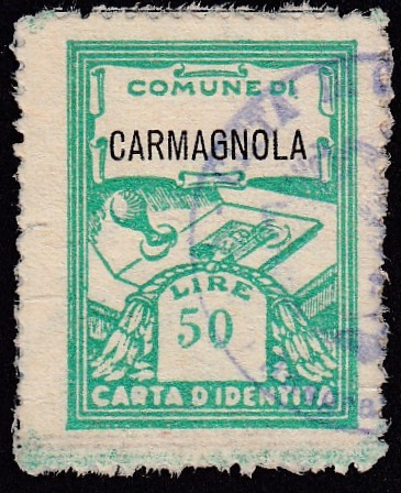 Marca da Bollo del Comune di CARMAGNOLA su Carta Bianca di dimensioni 21,5 x 28,5 mm
