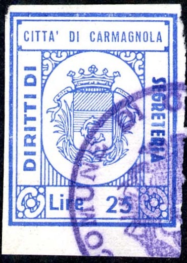 Marca da Bollo del Comune di CARMAGNOLA su Carta Bianca di dimensioni 15 x 29 mm