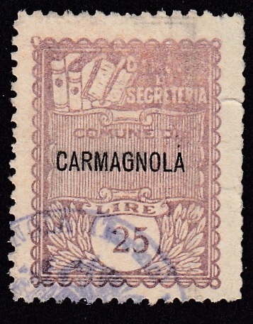 Marca da Bollo del Comune di CARMAGNOLA su Carta Bianca di dimensioni 22 x 29 mm
