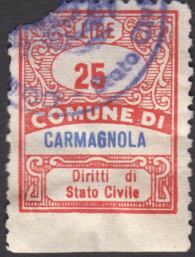 Marca da Bollo del Comune di CARMAGNOLA su Carta Bianca di dimensioni 21 x 28 mm