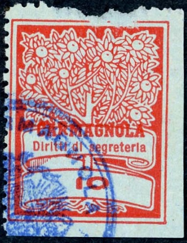 Marca da Bollo del Comune di CARMAGNOLA su Carta Bianca Sottile di dimensioni 22 x 28 mm