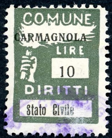 Marca da Bollo del Comune di CARMAGNOLA su Carta Bianca di dimensioni 18 x 25 mm