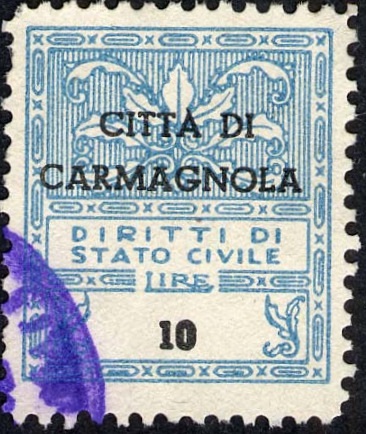 Marca da Bollo del Comune di CARMAGNOLA su Carta Bianca di dimensioni 21 x 24 mm