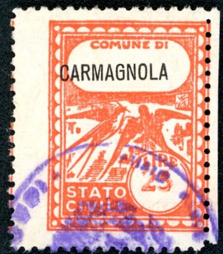 Marca da Bollo del Comune di CARMAGNOLA su Carta Bianca di dimensioni 22 x 29 mm