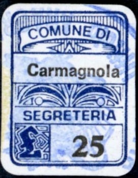 Marca da Bollo del Comune di CARMAGNOLA su Carta Bianca di dimensioni 15,5 x 20,5 mm