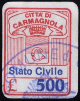 Marca da Bollo del Comune di CARMAGNOLA su Carta Bianca di dimensioni 15,5 x 20,5 mm