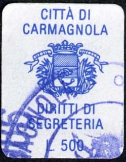 Marca da Bollo del Comune di CARMAGNOLA su Carta Bianca di dimensioni mm
