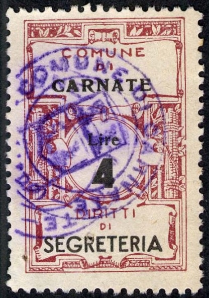 Marca da Bollo del Comune di CARNATE su Carta Bianca di dimensioni 22 x 30,5 mm