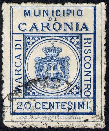 Marca da Bollo del Comune di CARONIA su Carta Bianca di dimensioni 24 x 31,5 mm