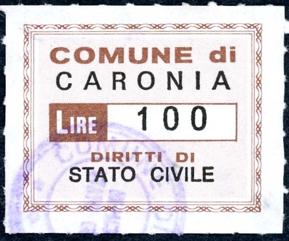 Marca da Bollo del Comune di CARONIA su Carta Bianca di dimensioni 34 x 27 mm