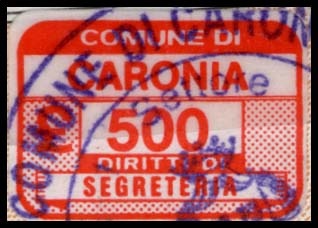 Marca da Bollo del Comune di CARONIA su Carta Bianca di dimensioni 20 x 13,5 mm