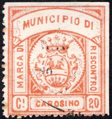 Marca da Bollo del Comune di CAROSINO su Carta Bianca di dimensioni 27,5 x 31,5 mm