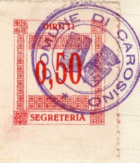 Marca da Bollo del Comune di CAROSINO su Carta Bianca di dimensioni 23 x 28 mm