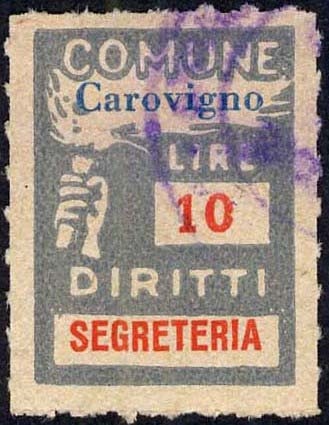 Marca da Bollo del Comune di CAROVIGNO su Carta Bianca di dimensioni 18 x 25 mm