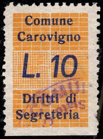 Marca da Bollo del Comune di CAROVIGNO su Carta Bianca Sottile di dimensioni 17,5 x 27 mm