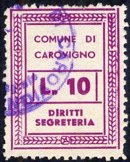 Marca da Bollo del Comune di CAROVIGNO su Carta Bianca di dimensioni 26 x 33 mm