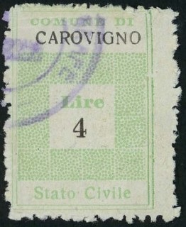 Marca da Bollo del Comune di CAROVIGNO su Carta Bianca di dimensioni 19,5 x 28,5 mm