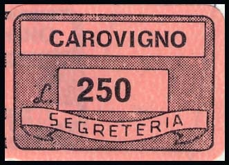 Marca da Bollo del Comune di CAROVIGNO su Carta Rosa di dimensioni 20 x 14 mm