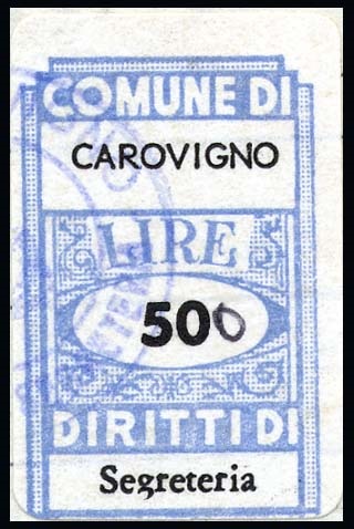 Marca da Bollo del Comune di CAROVIGNO su Carta Bianca di dimensioni 17 x 28 mm
