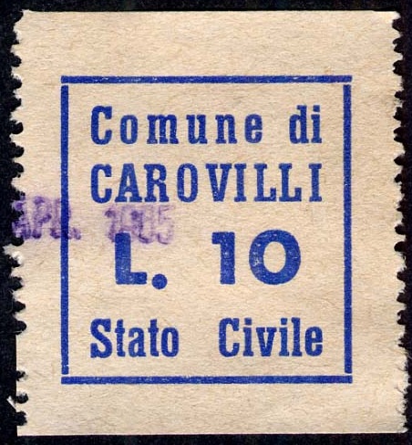 Marca da Bollo del Comune di CAROVILLI su Carta Bianca di dimensioni mm