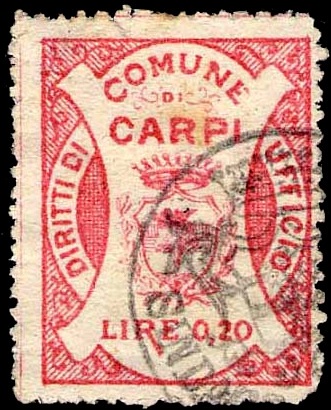 Marca da Bollo del Comune di CARPI su Carta Bianca Sottile di dimensioni 18,5 x 24,5 mm
