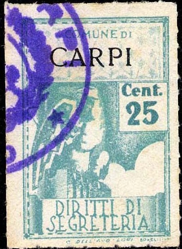 Marca da Bollo del Comune di CARPI su Carta Bianca Sottile di dimensioni 21 X 32 mm