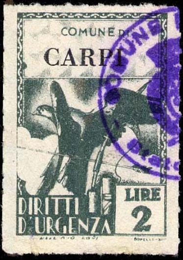 Marca da Bollo del Comune di CARPI su Carta Bianca Sottile di dimensioni 21 x 32,5 mm