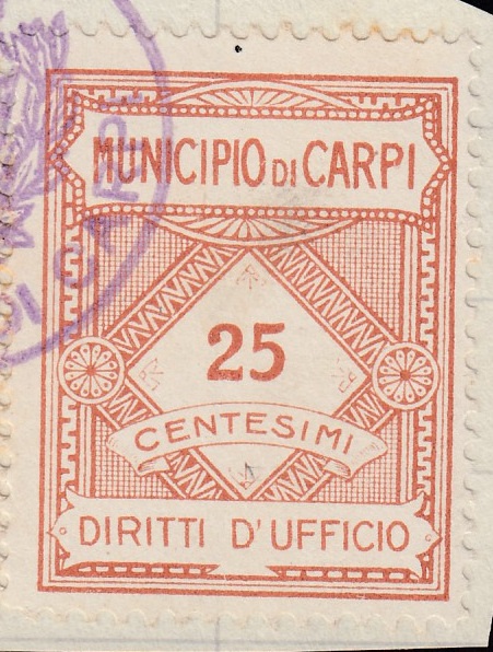 Marca da Bollo del Comune di CARPI su Carta Bianca di dimensioni 23,5 x 30 mm