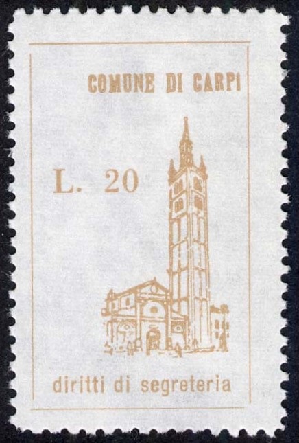Marca da Bollo del Comune di CARPI su Carta Bianca di dimensioni 22 x 37 mm