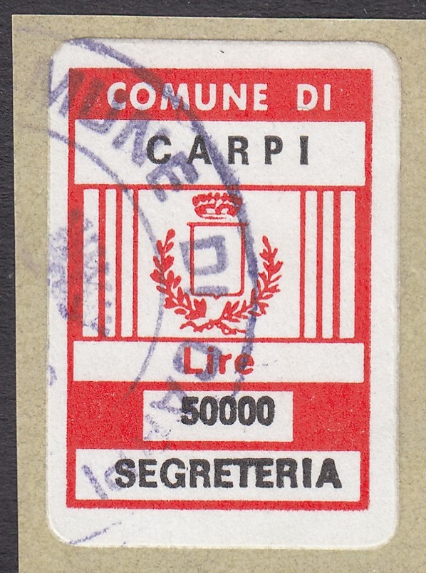 Marca da Bollo del Comune di CARPI su Carta Bianca di dimensioni 17,5 x 26 mm