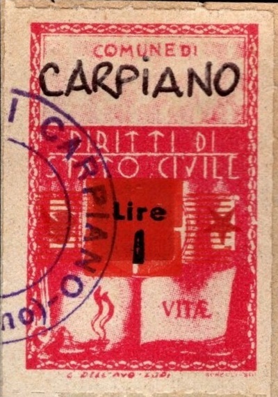 Marca da Bollo del Comune di CARPIANO su Carta Bianca Sottile di dimensioni 22,5 x 29 mm