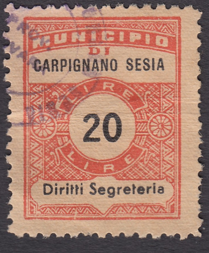 Marca da Bollo del Comune di CARPIGNANO SESIA su Carta Bianca Sottile di dimensioni 22 x 29 mm