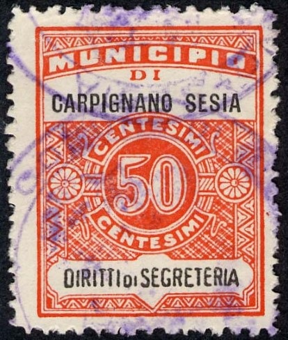 Marca da Bollo del Comune di CARPIGNANO SESIA su Carta Bianca di dimensioni 22 x 29 mm