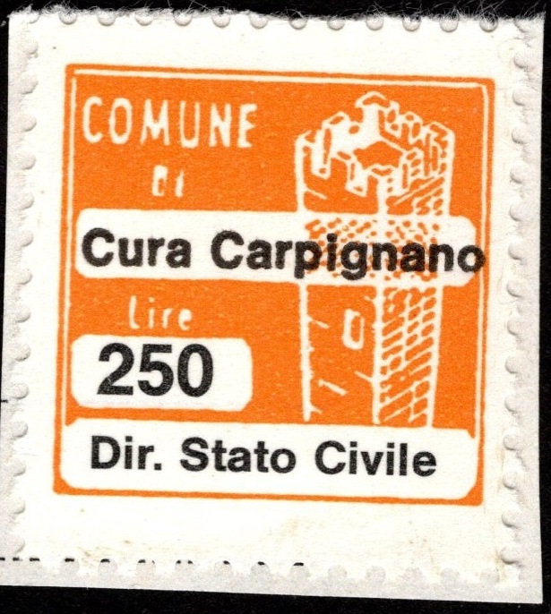 Marca da Bollo del Comune di CURA CARPIGNANO su Carta Bianca di dimensioni 20 x 20 mm