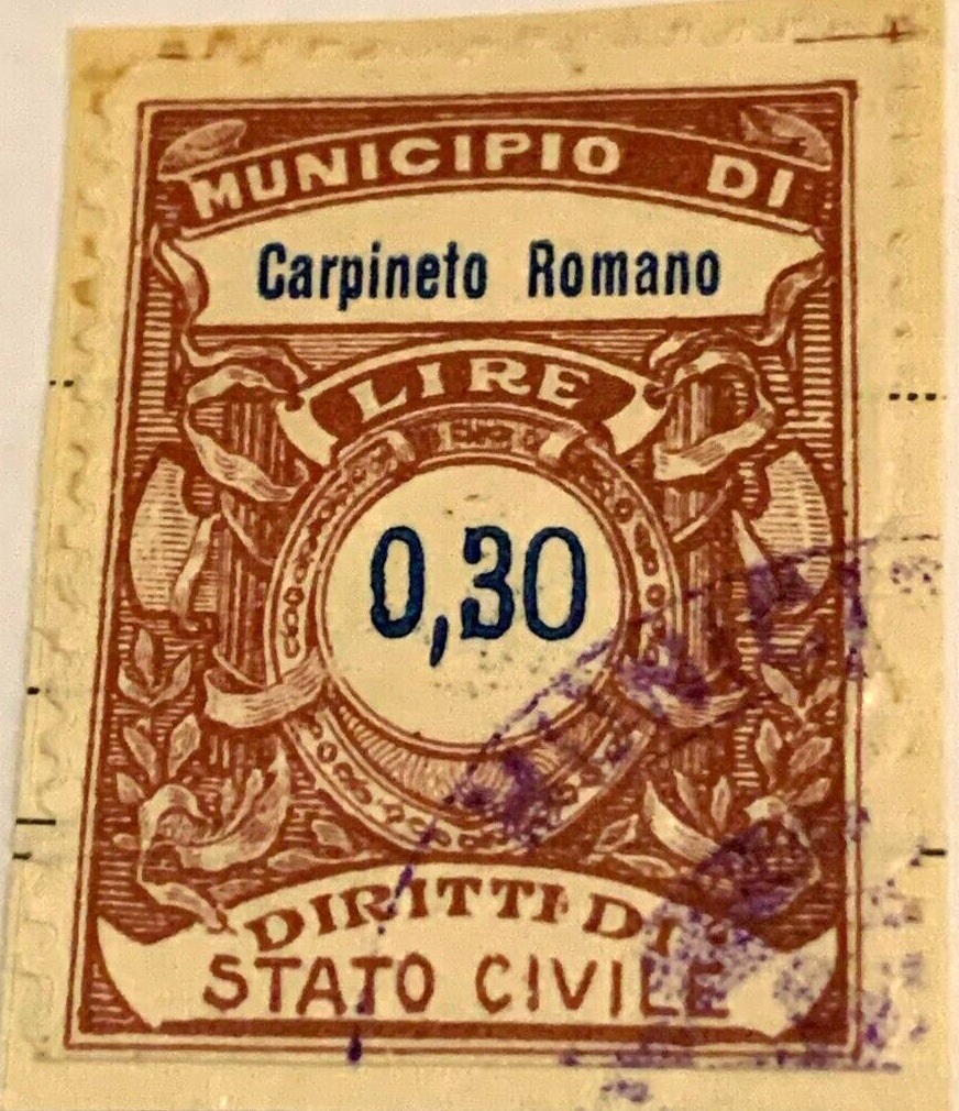 Marca da Bollo del Comune di CARPINETO ROMANO su Carta Bianca Sottile di dimensioni 22 x 29 mm