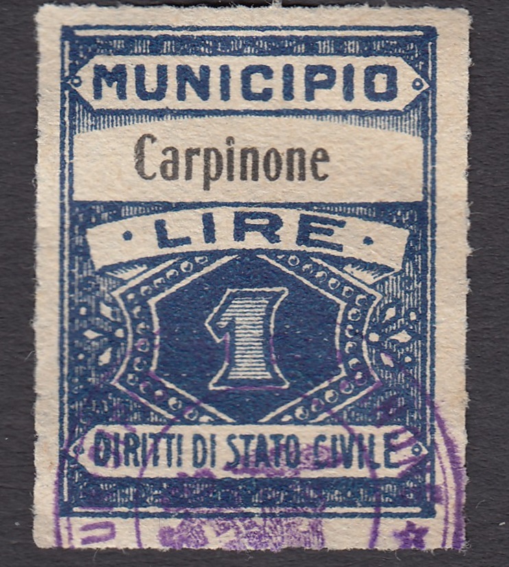 Marca da Bollo del Comune di CARPINONE su Carta Bianca di dimensioni 220 x 28 mm