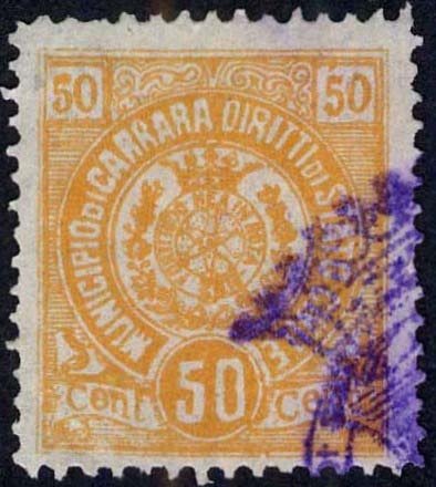 Marca da Bollo del Comune di CARRARA su Carta Bianca Sottile di dimensioni 21,5 x 25 mm