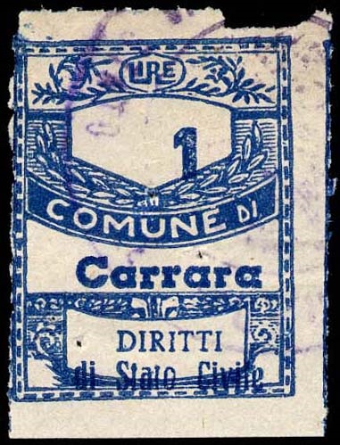 Marca da Bollo del Comune di CARRARA su Carta Bianca Sottile di dimensioni 21,5 x 30 mm