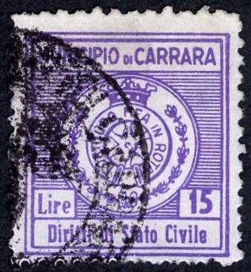 Marca da Bollo del Comune di CARRARA su Carta Bianca Sottile di dimensioni 20 x 22 mm