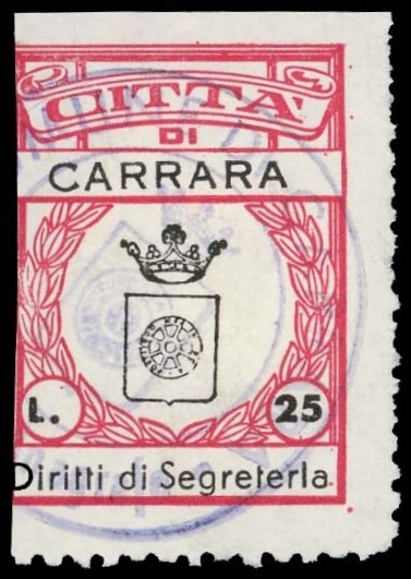 Marca da Bollo del Comune di CARRARA su Carta Bianca di dimensioni 21 x 29 mm