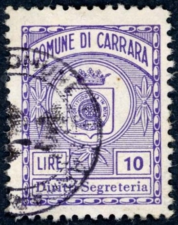 Marca da Bollo del Comune di CARRARA su Carta Bianca di dimensioni 20 x 26 mm