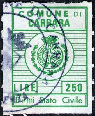 Marca da Bollo del Comune di CARRARA su Carta Bianca di dimensioni 18,5 x 24 mm
