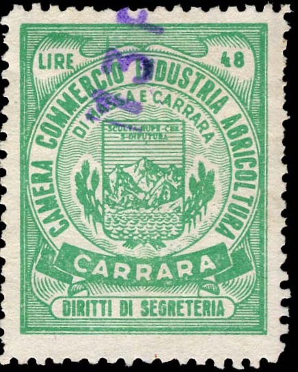 Marca da Bollo del Comune di CARRARA su Carta Bianca di dimensioni 19,5 x 22 mm