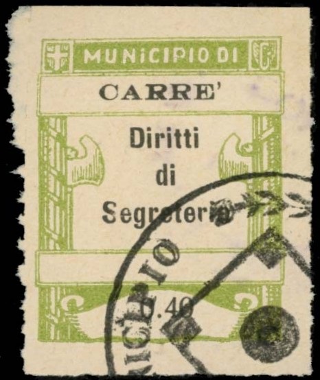 Marca da Bollo del Comune di CARRE su Carta Bianca di dimensioni 25 x 30,5 mm