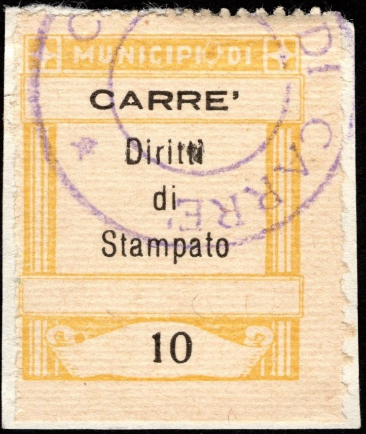 Marca da Bollo del Comune di CARRE su Carta Bianca di dimensioni 25 x 30,5 mm