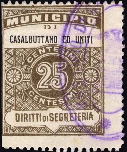 Marca da Bollo del Comune di CASALBUTTANO ED UNITI su Carta Bianca Sottile di dimensioni 24 x 30,5 mm