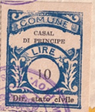 Marca da Bollo del Comune di CASAL DI PRINCIPE su Carta Bianca di dimensioni 22 x 28,5 mm