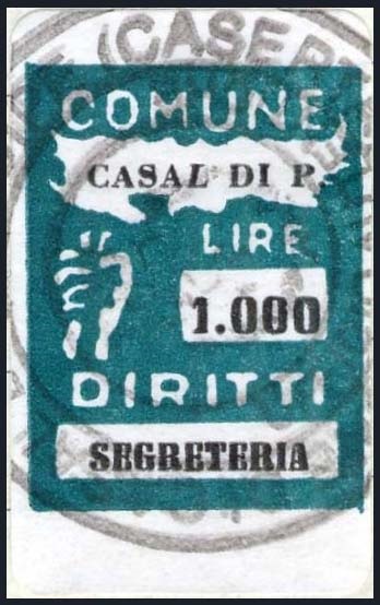 Marca da Bollo del Comune di CASAL DI PRINCIPE su Carta Bianca di dimensioni 13 x 17,5 mm