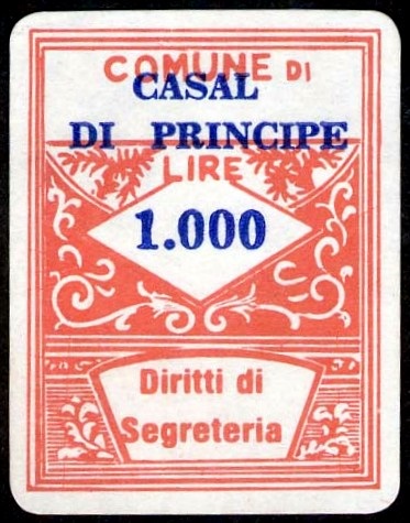Marca da Bollo del Comune di CASAL DI PRINCIPE su Carta Bianca di dimensioni 17,5 x 20 mm