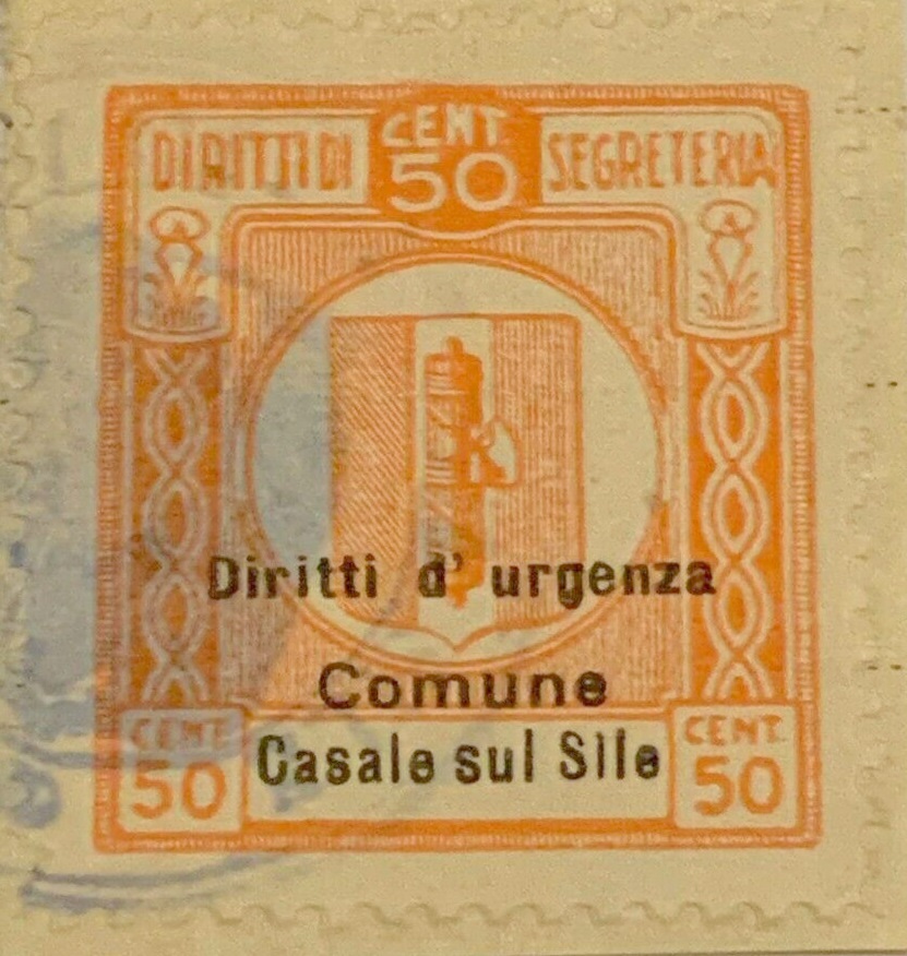Marca da Bollo del Comune di CASALE SUL SILE su Carta Bianca Sottile di dimensioni 23 x 28 mm